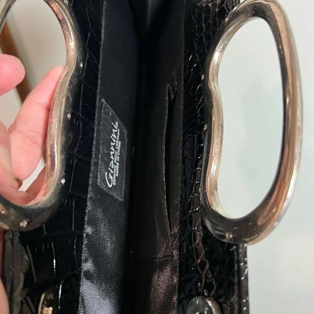 Giannini Black Crocodile-Embossed Clutch with Metallic Handle